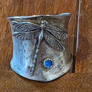 Sterling Silver and Sapphire Wide Band Dragonfly Ring, Size 7-7.25